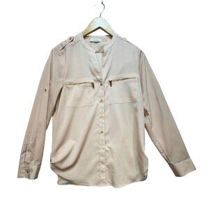 Calvin Klein Career Office Button Up Blouse Womens Pink V-Neck Roll Sleeves